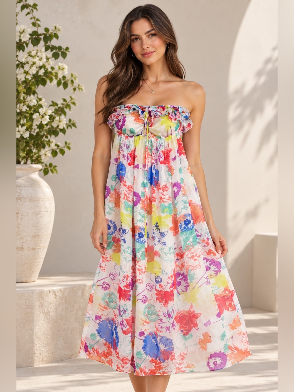 Women’s Floral Strapless Ruffle Midi Dress Multicolor Summer XS
